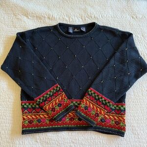 Vintage Lizsport Fair Isle Knit Sweater – Navy with Colorful Trim – Size M